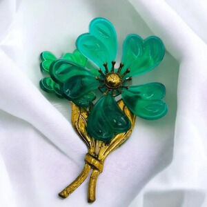 Vintage Resin Acrylic Flower Shamrock Heart Gold Tone Brooch